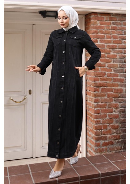 Düğme Detaylı Kot Ferace Siyah 6122 modelleri