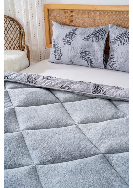 Gri Yaprak Loura Çift Kişilik Çift Taraflı Lüx Wellsoft Yorgan Seti 195x215 cm