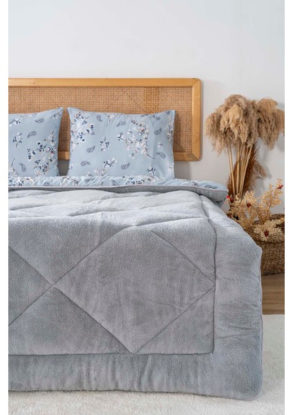 Gri Çiçekli Loura Çift Kişilik Çift Taraflı Lüx Wellsoft Yorgan Seti 195x215 cm