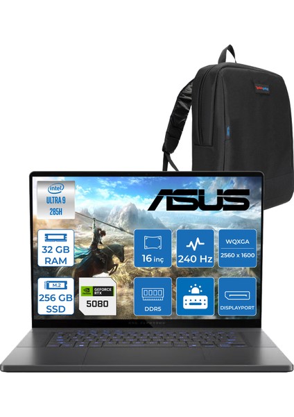 Rog Zephyrus G16 GU605CW Intel Core Ultra 9 285H AI 32GB 256GB SSD RTX5080-16GB 120W Freedos 16" OLED 2.5k 240Hz 0.2Ms 550 Nits WQXGA (2560 x 1600) Taşınabilir Bilgisayar WQR160101+ZETTAÇANTA