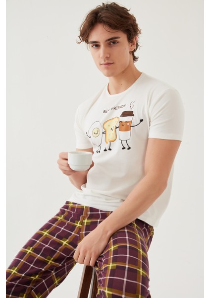 Erkek Kısa Kollu Pamuklu Ekose Desenli Breakfast Baskılı Pijama Takımı