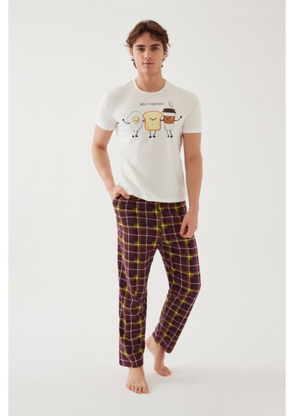 Erkek Kısa Kollu Pamuklu Ekose Desenli Breakfast Baskılı Pijama Takımı