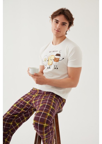Erkek Kısa Kollu Pamuklu Ekose Desenli Breakfast Baskılı Pijama Takımı