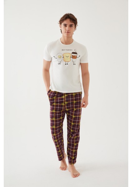 Erkek Kısa Kollu Pamuklu Ekose Desenli Breakfast Baskılı Pijama Takımı