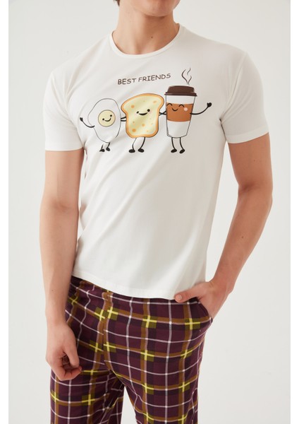 Erkek Kısa Kollu Pamuklu Ekose Desenli Breakfast Baskılı Pijama Takımı