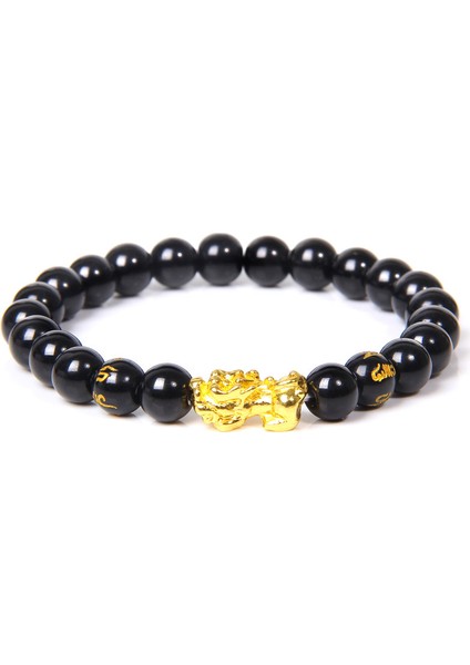 21CM Tarzı 26.pürüzsüz Oniks 2 Kadın Erkek Feng Shui Bileklik Şans Zenginlik Buddha Siyah Obsidyen Taşlı Boncuklu Bileklik Hombre Altın Şanslı Pixiu Bileklik Hediyeler (Yurt Dışından)