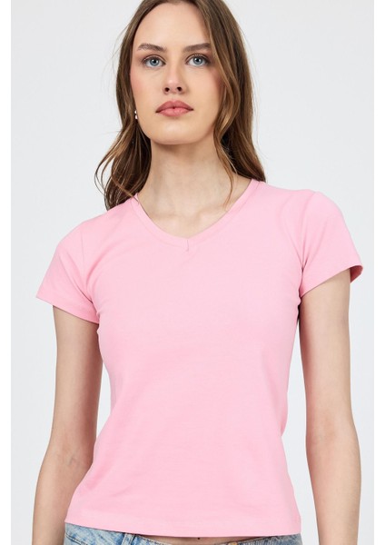 Pembe V Yaka Slim Fit Tişört 2215 modelleri