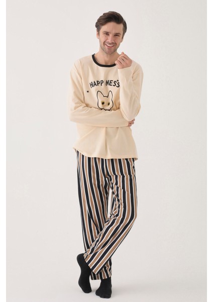 Erkek Pamuklu Uzun Kollu Üst Baskılı Alt Çizgili Cep Detaylı Pijama Takımı