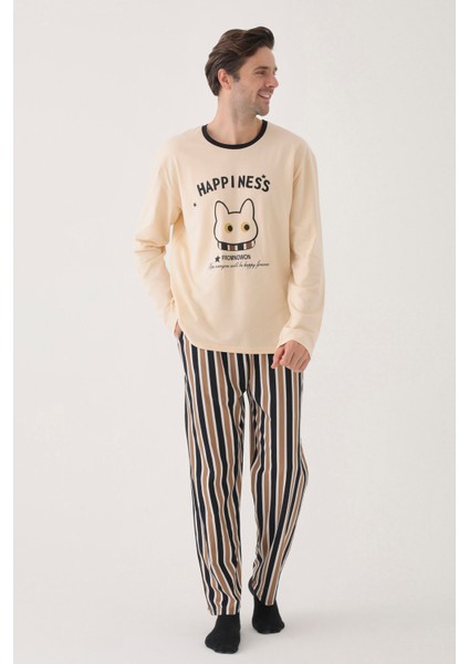 Erkek Pamuklu Uzun Kollu Üst Baskılı Alt Çizgili Cep Detaylı Pijama Takımı