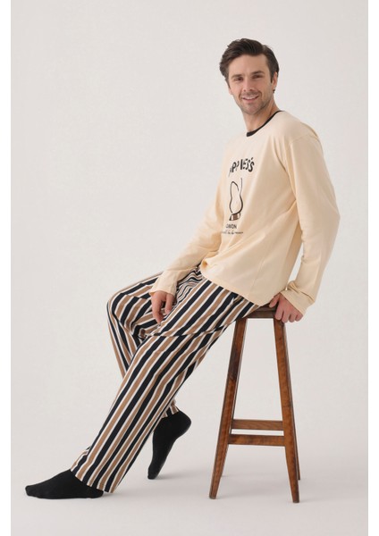 Erkek Pamuklu Uzun Kollu Üst Baskılı Alt Çizgili Cep Detaylı Pijama Takımı