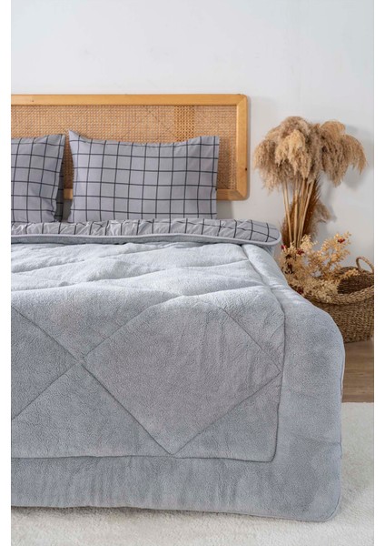 Gri Kareli Loura Çift Kişilik Çift Taraflı Lüx Wellsoft Yorgan Seti 195x215 cm