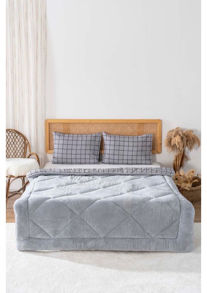 Gri Kareli Loura Çift Kişilik Çift Taraflı Lüx Wellsoft Yorgan Seti 195x215 cm fiyatları