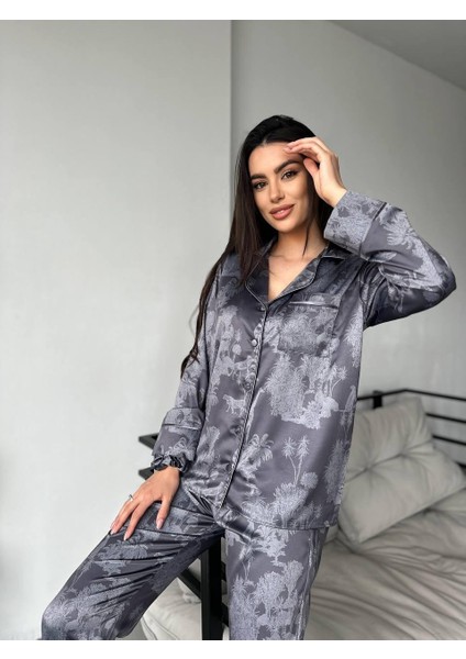 Coccolarsı Koyu Gri Safari Desen Saten Uzun Pijama Takımı