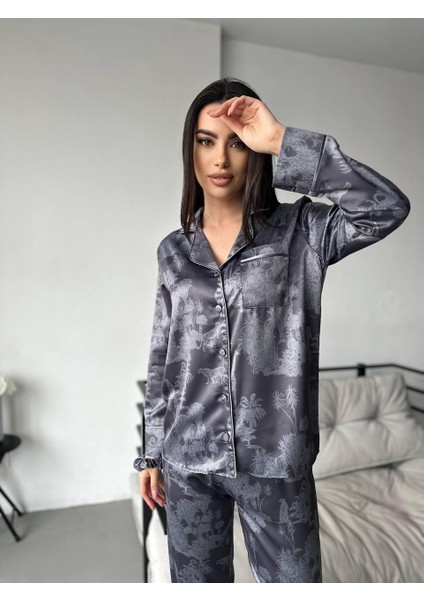 Coccolarsı Koyu Gri Safari Desen Saten Uzun Pijama Takımı