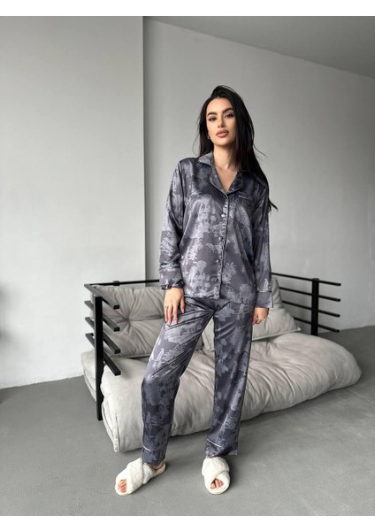 Coccolarsı Koyu Gri Safari Desen Saten Uzun Pijama Takımı