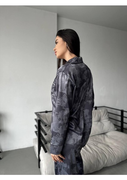 Coccolarsı Koyu Gri Safari Desen Saten Uzun Pijama Takımı