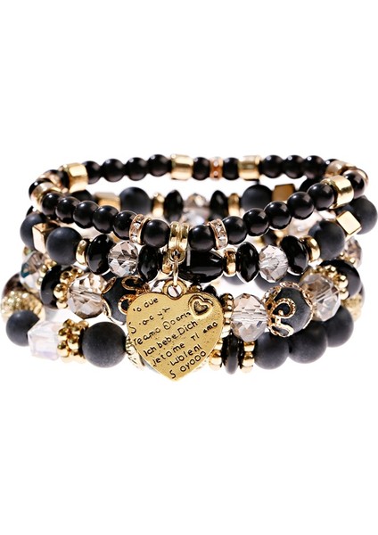 HXB050-4 Tophanqet Moda Altın Metal Kalp Kristal Boncuk Siyah Taşlı Bilezik Seti Kadınlar Için Boho Tarzı Takı Hediye (Yurt Dışından)