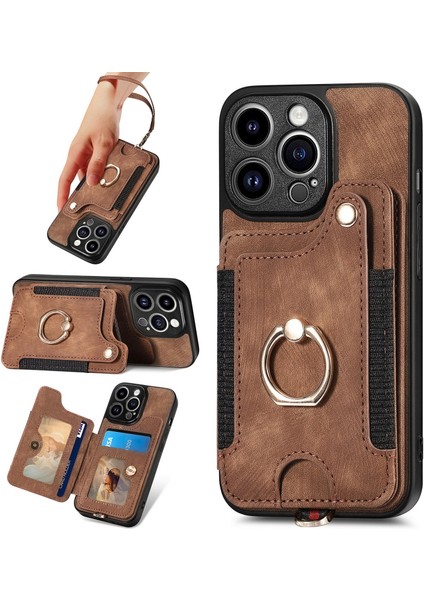 iPhone 15 Pro Max Için Kılıf Rfıd Engelleme Kart Yuvaları Deri+Tpu Halka Çubuğu Kapak-Kahverengi (Yurt Dışından)