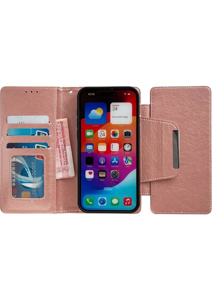 iPhone 15 Plus Için Cüzdan Kılıf Deri Çıkarılabilir 2'si 1 Arada Tasarım Telefon Standı Kapağı-Gül Altın (Yurt Dışından)
