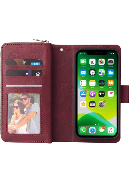 iPhone 13 Mini Için Deri Kılıf Cüzdan Fermuarlı Stand Telefon Kapağı-Şarap Kırmızı (Yurt Dışından)