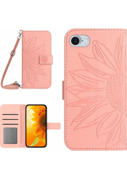HT04 iPhone SE(2024) Kılıf Ayçiçeği Pu Deri+Tpu Omuz Askılı Telefon Kılıfı-Pembe (Yurt Dışından)