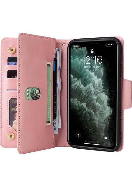 iPhone 11 Pro Max Için Kılıf Pu Deri Cüzdan Kart Yuvaları Perçin Dekorlu Telefon Kapağı-Gül Altın (Yurt Dışından)