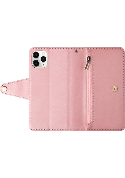 iPhone 11 Pro Max Için Kılıf Pu Deri Cüzdan Kart Yuvaları Perçin Dekorlu Telefon Kapağı-Gül Altın (Yurt Dışından)