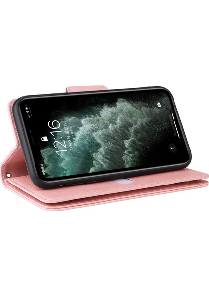 iPhone 11 Pro Max Için Kılıf Pu Deri Cüzdan Kart Yuvaları Perçin Dekorlu Telefon Kapağı-Gül Altın (Yurt Dışından)