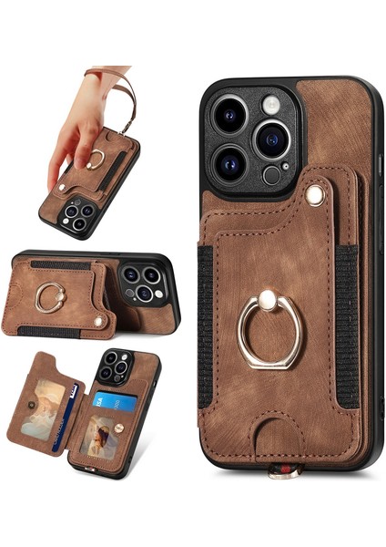 iPhone 14 Pro Cep Telefonu Kılıfları Için Vintage Kart Yuvaları Kickstand Rfıd Engelleme Kabuk-Kahverengi (Yurt Dışından)