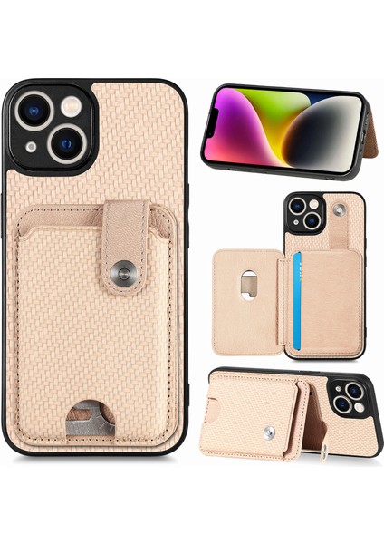 iPhone 15 Plus Için Karbon Fiber Doku Kılıfı Kart Bıçağı Aracı ile Darbeye Dayanıklı Telefon Kapağı-Haki (Yurt Dışından)