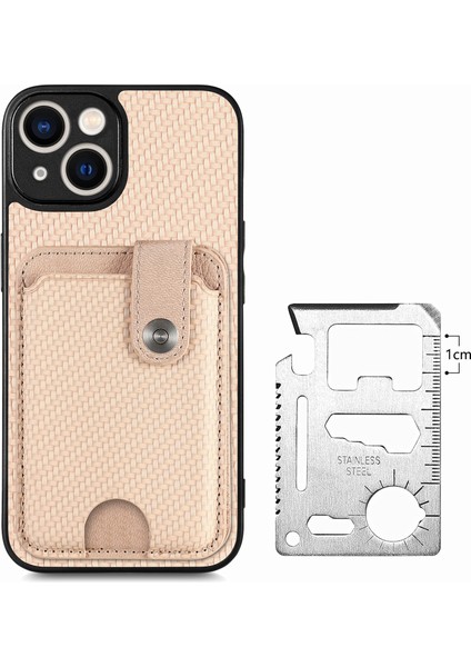 iPhone 15 Plus Için Karbon Fiber Doku Kılıfı Kart Bıçağı Aracı ile Darbeye Dayanıklı Telefon Kapağı-Haki (Yurt Dışından)
