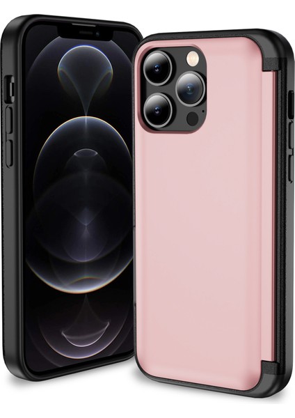 iPhone 12 Pro Max Için Flip Kickstand Tpu+Pc Kasa Kart Tutucu Telefon Kapağı-Pembe (Yurt Dışından)