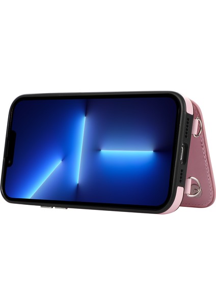 iPhone 13 Pro Için Kılıf Rfıd Engelleme Kart Yuvaları Omuz Askılı Halka Kickstand Kapağı-Pembe (Yurt Dışından) modelleri