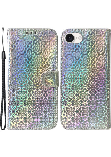 iPhone SE(2024) Kılıf Çiçek Pu Deri Standlı Darbeye Dayanıklı Telefon Kapağı-Gri (Yurt Dışından)