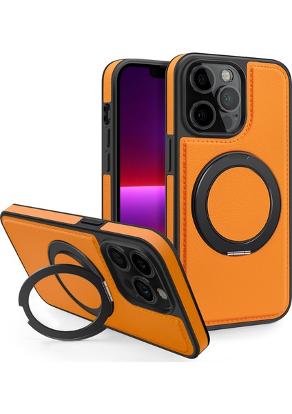 iPhone 13 Pro Için Kılıf Deri+Pc+Tpu Kickstand Telefon Kılıfı Magsafe-Turuncu ile Uyumlu (Yurt Dışından)