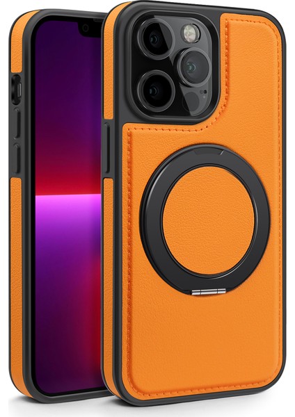 iPhone 13 Pro Için Kılıf Deri+Pc+Tpu Kickstand Telefon Kılıfı Magsafe-Turuncu ile Uyumlu (Yurt Dışından)