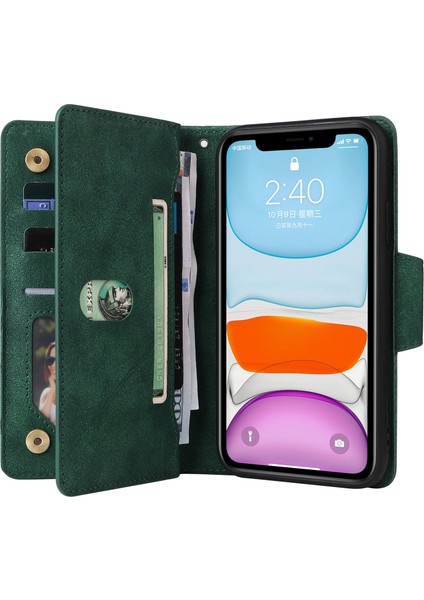 iPhone 11 Kılıfı Pu Deri Standlı Telefon Kapağı Perçin Dekorlu-Yeşil (Yurt Dışından)