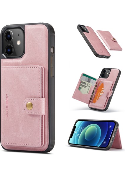 Jeehood iPhone 12/12 Pro Kılıf Deri Telefon Arka Kapak Manyetik Çıkarılabilir Kart Çantası-Pembe (Yurt Dışından)