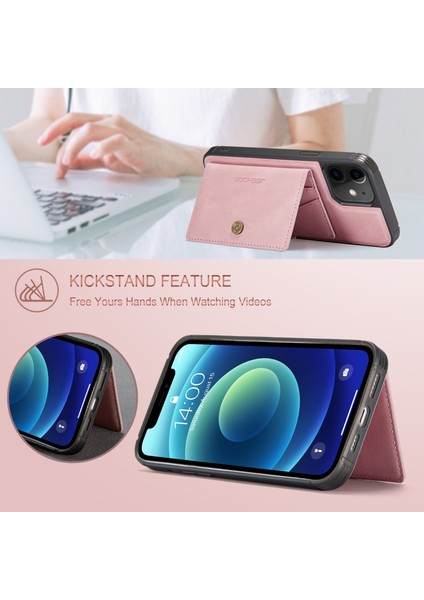 Jeehood iPhone 12/12 Pro Kılıf Deri Telefon Arka Kapak Manyetik Çıkarılabilir Kart Çantası-Pembe (Yurt Dışından)