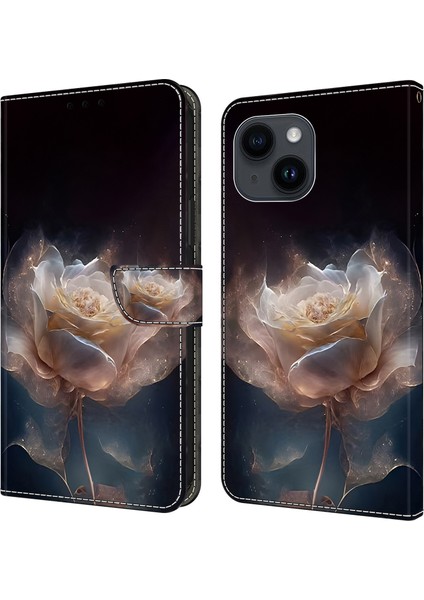 iPhone 13 Için 6.1 Inç Kılıf Desenli Baskılı Deri Darbeye Dayanıklı Telefon Standı Kapağı-Şakayık (Yurt Dışından)