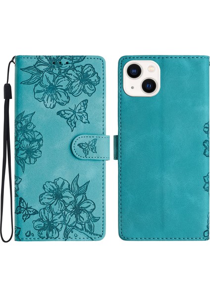 iPhone 14 Plus Için Cilt Dokunma Duygusu Pu Deri Telefon Kılıfı Baskılı Desenli Cüzdan Telefon Kapağı-Yeşil (Yurt Dışından)