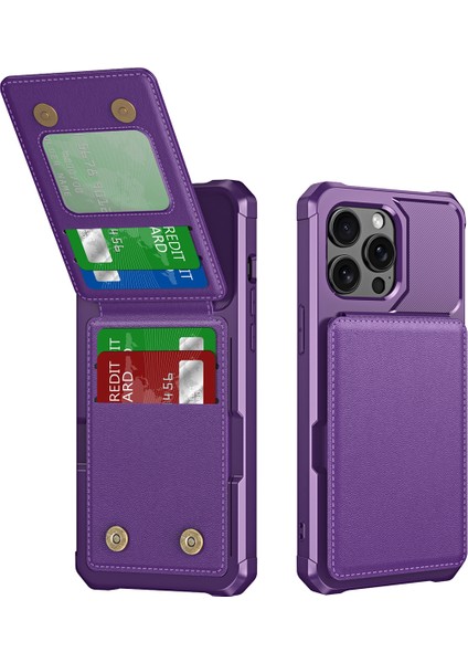 ZM11 iPhone 13 Pro Kılıfı Kart Yuvaları Için Pu+Tpu Telefon Kılıfı Kickstand-Mor (Yurt Dışından)