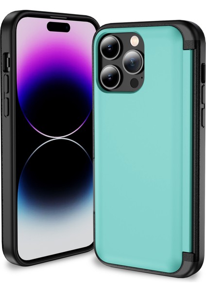 iPhone 14 Pro Max Için Kart Tutucu Kılıf Flip Kickstand Tpu+Pc Koruyucu Telefon Kapağı-Cyan (Yurt Dışından)