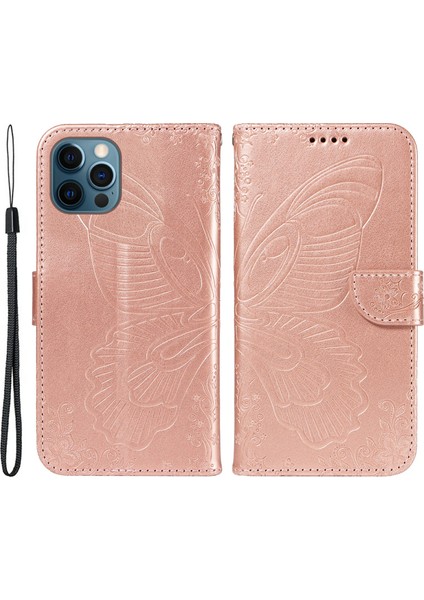 iPhone 13 Pro Için Deri Kılıf Baskılı Standlı Cüzdan Telefon Kapağı-Pembe Altın (Yurt Dışından)