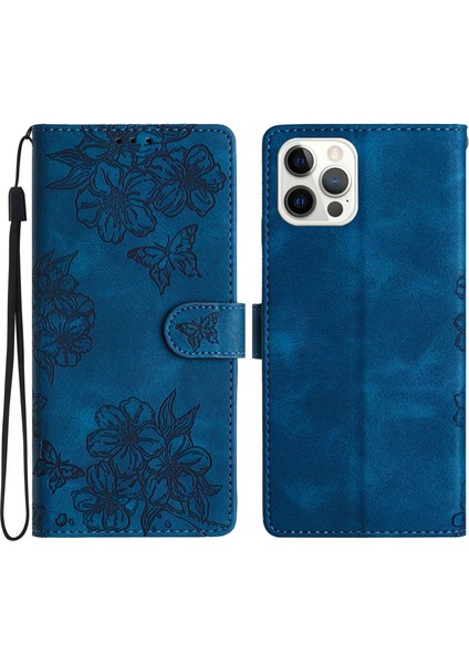 iPhone 12 Pro Için Cilt Dokunuşu Duygusu Telefon Kılıfı Tpu+Pu Deri Baskılı Desenli Cüzdan Telefon Kapağı-Mavi (Yurt Dışından)