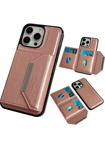 iPhone 13 Pro Için Kart Tutuculu Deri+Tpu Telefon Kılıfı Çıkarılabilir-Pembe Altın (Yurt Dışından)