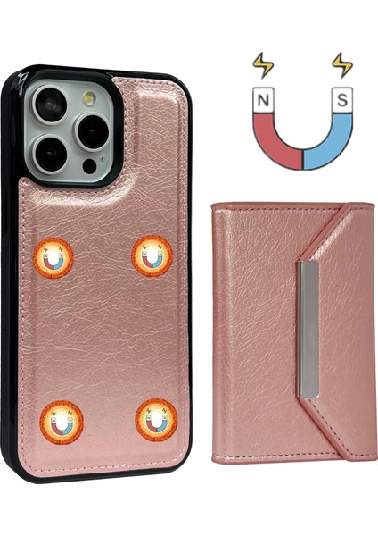 iPhone 13 Pro Için Kart Tutuculu Deri+Tpu Telefon Kılıfı Çıkarılabilir-Pembe Altın (Yurt Dışından)