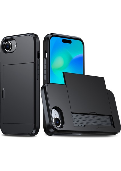 iPhone SE(2024) Kılıf Tpu+Pc Çift Katmanlı Zırh Telefon Kapağı, Kayar Kart Yuvalı-Siyah (Yurt Dışından)