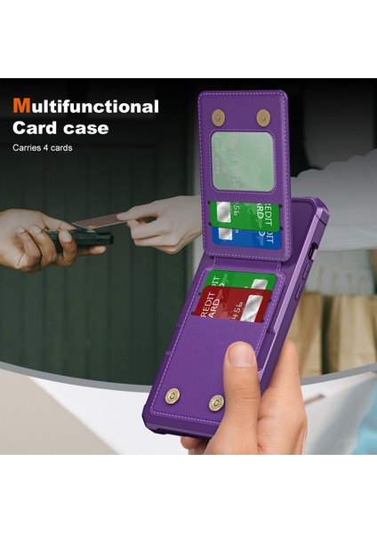 ZM11 iPhone 13 Pro Kılıfı Kart Yuvaları Için Pu+Tpu Telefon Kılıfı Kickstand-Mor (Yurt Dışından)
