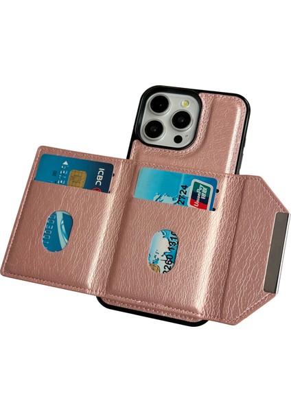 iPhone 13 Pro Için Kart Tutuculu Deri+Tpu Telefon Kılıfı Çıkarılabilir-Pembe Altın (Yurt Dışından)